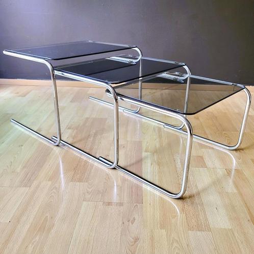 ✔️ Bijzettafels chroom en glas 70s', Huis en Inrichting, Tafels | Bijzettafels, Zo goed als nieuw, Rechthoekig, Glas, Verzenden