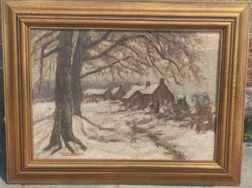 huile sur toile village enneige signe auguste van steenacker, Antiek en Kunst, Kunst | Schilderijen | Klassiek, Ophalen of Verzenden