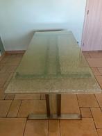 Unieke design tafel met inox/rvs poot en gebroken glas blad, Ophalen, Gebruikt, 50 tot 100 cm, 50 tot 75 cm