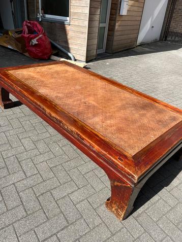 ANTIEK HOUTEN OPIUMBED TAFEL SALONTAFEL KOORD ROTAN beschikbaar voor biedingen