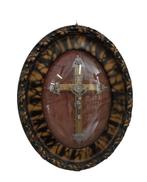 kristus achter bol glas met geaderde kader, Antiek en Kunst, Antiek | Religieuze voorwerpen, Ophalen