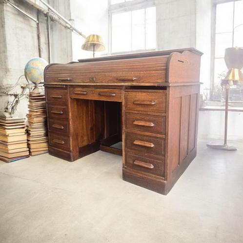 Vintage houten Amerikaanse bureau met rolluik deur, Antiek en Kunst, Antiek | Meubels | Tafels, Ophalen of Verzenden