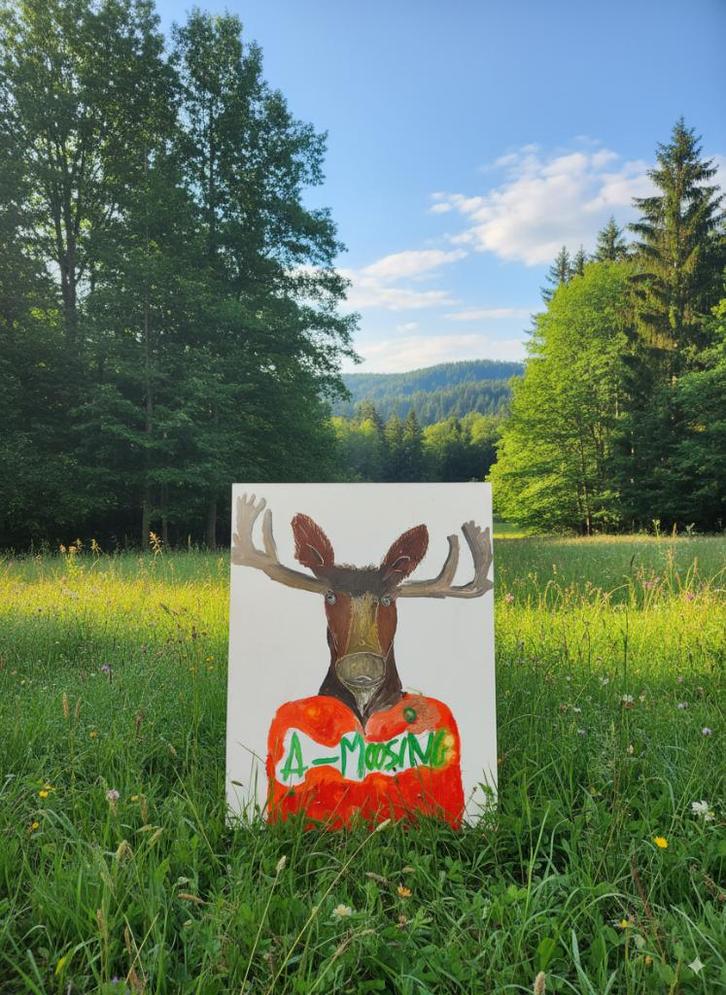Grappig Schilderij Eland "A-moosing" (Handgemaakt), Antiek en Kunst, Curiosa en Brocante, Ophalen