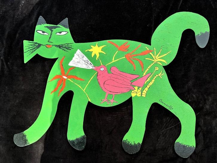 Corneille (1922-2012) - Chat vert avec Oiseau, Antiek en Kunst, Kunst | Beelden en Houtsnijwerken, Ophalen of Verzenden