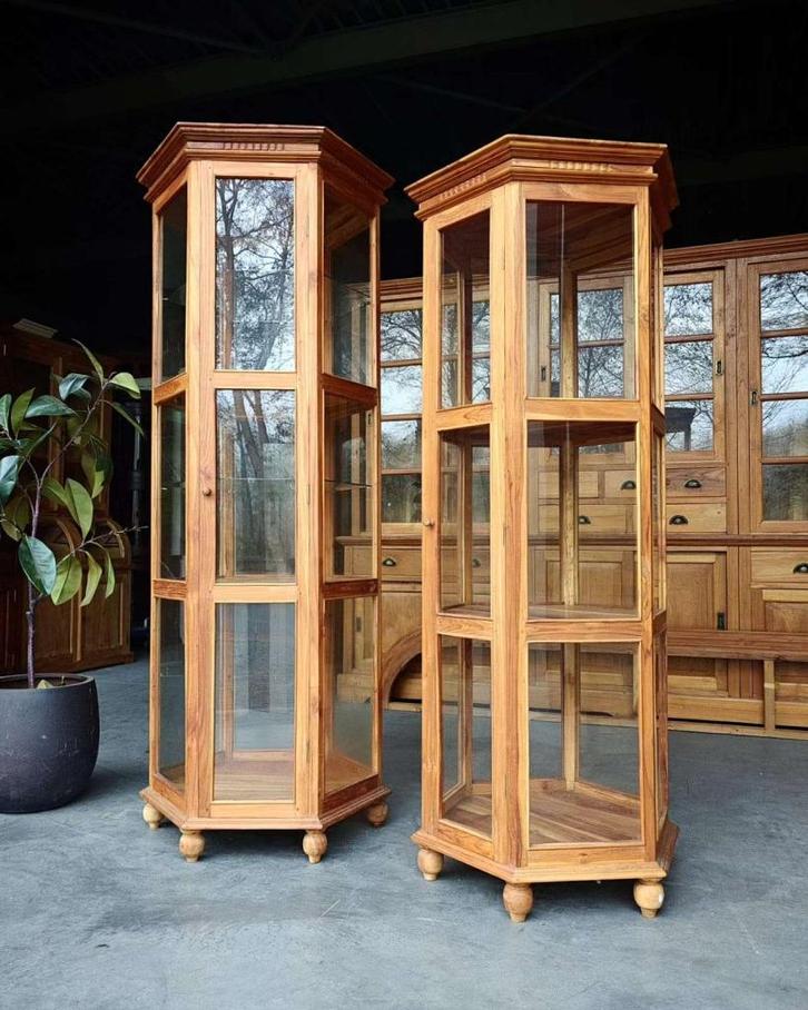 Set Hexagon Museumkasten | Vitrinekast | Winkelvitrine #2442, Antiek en Kunst, Antiek | Meubels | Kasten, Ophalen of Verzenden