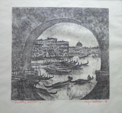 ALFONS BLOMME / RIALTO VENETIE / ZW-W ETS / 43x47cm / KADER, Antiquités & Art, Art | Lithographies & Sérigraphies, Enlèvement ou Envoi