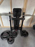 Press bench met dubbele bar en gewichten, Sport en Fitness, Ophalen, Krachtstation, Zo goed als nieuw, Metaal