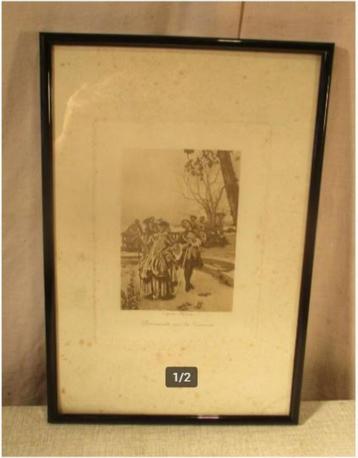 Gravure ancienne 'Promenade sur la terrasse' - 31x21, Antiquités & Art, Enlèvement ou Envoi