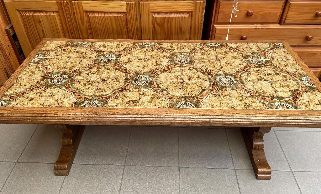 salontafel eik ingelegd tegel vintage retro tafel, Enlèvement, Utilisé, Chêne