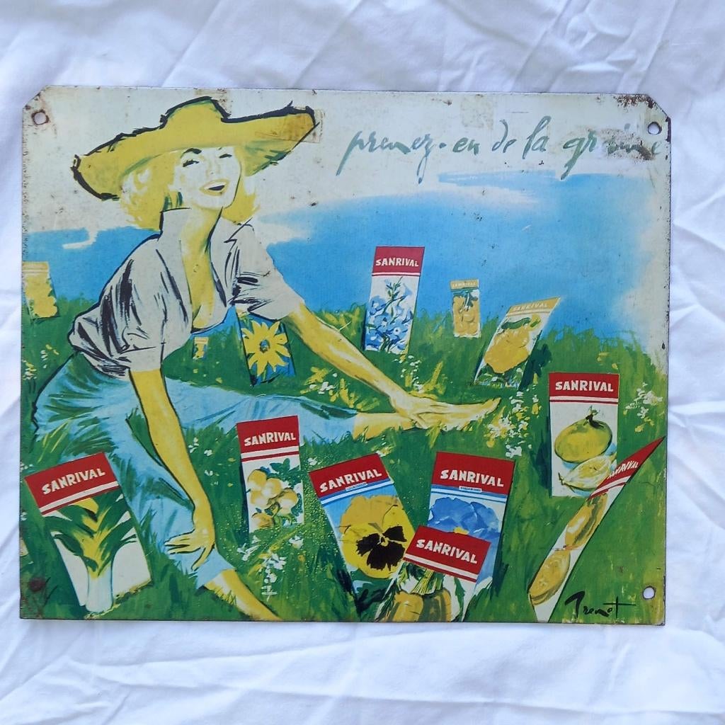 metalen reclamebord voor zaden SANRINVAL 1960, Verzamelen, Ophalen of Verzenden, Zo goed als nieuw, Reclamebord