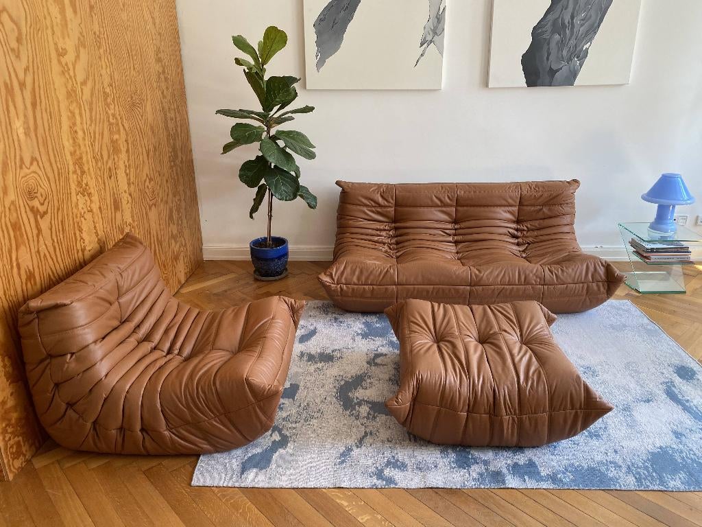 Ligne Roset - Togo - Bank Set - Bruin Leer - Gratis levering, Huis en Inrichting, Verzenden, Zo goed als nieuw, Leer, Knoll vitra artifort sede b&b italia cassina mid century modern