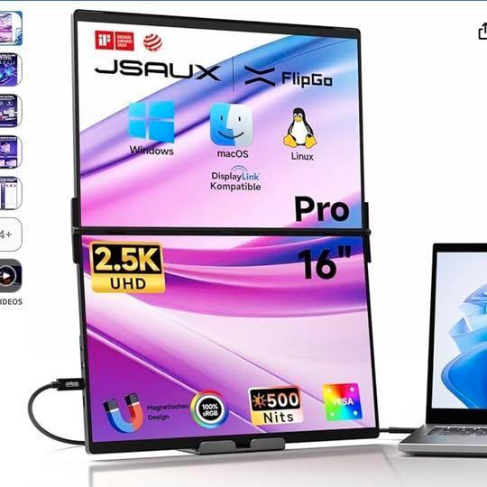 JSAUX FlipGo Pro 16 Inch | Laptop Screen Extender, Computers en Software, Monitoren, Zo goed als nieuw, HDMI, USB-C, Quad HD (2K)