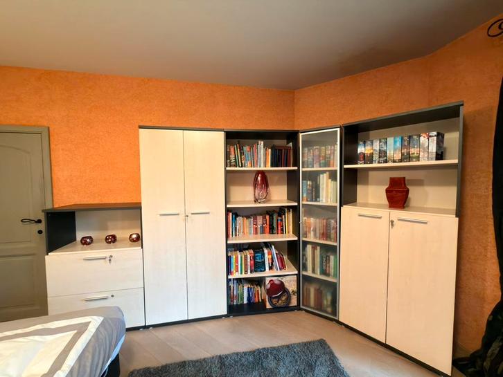 Grote kastwand met boekenkast en opbergkasten, Huis en Inrichting, Kasten | Boekenkasten, Zo goed als nieuw, 200 cm of meer, 200 cm of meer