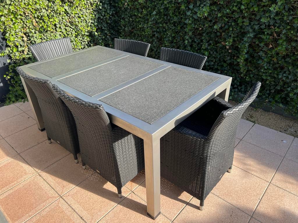 Luxe tuinset: RVS tafel met 6 wicker stoelen, Ophalen, Gebruikt, 6 zitplaatsen, Wicker