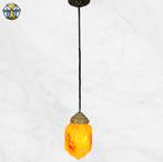 Lampe suspendue Art Déco avec verre opalin marbré ambré, Maison & Meubles, 75 cm ou plus, Enlèvement ou Envoi, Comme neuf, Verre