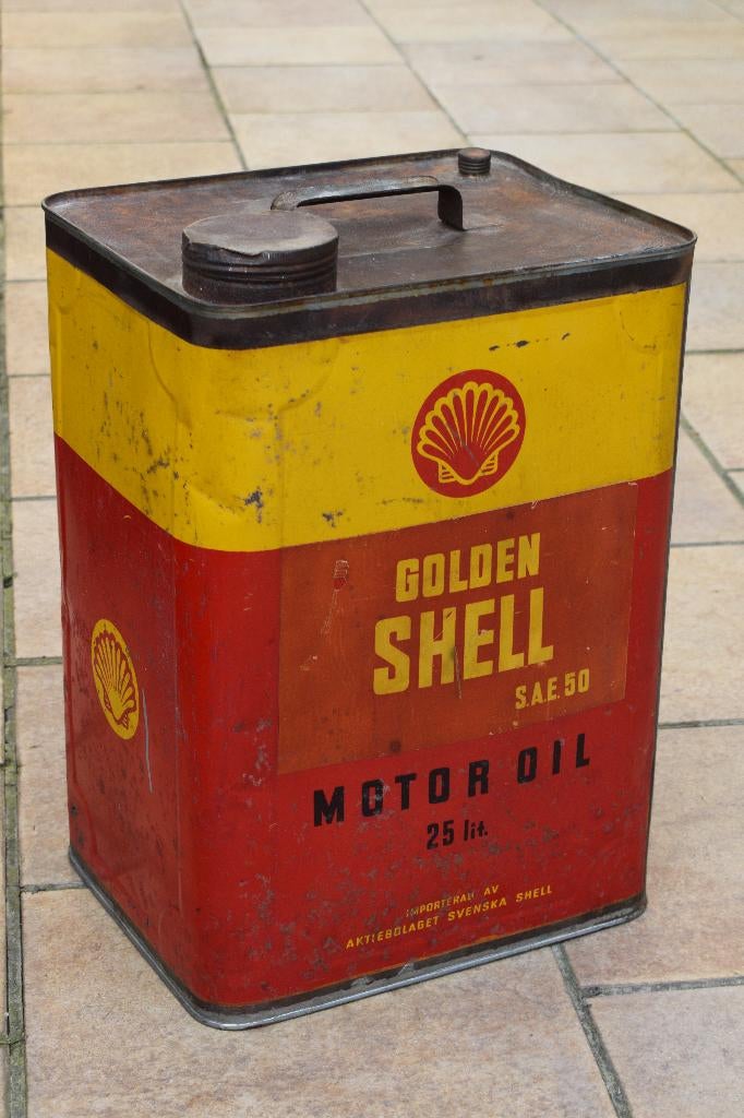 oude groote olie blik shell 25 liter Zweden 1930, Ophalen of Verzenden, Gebruikt, Reclamebord