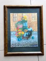 schilderij olieverf bloemen verkoopster + mooie kader, Ophalen of Verzenden