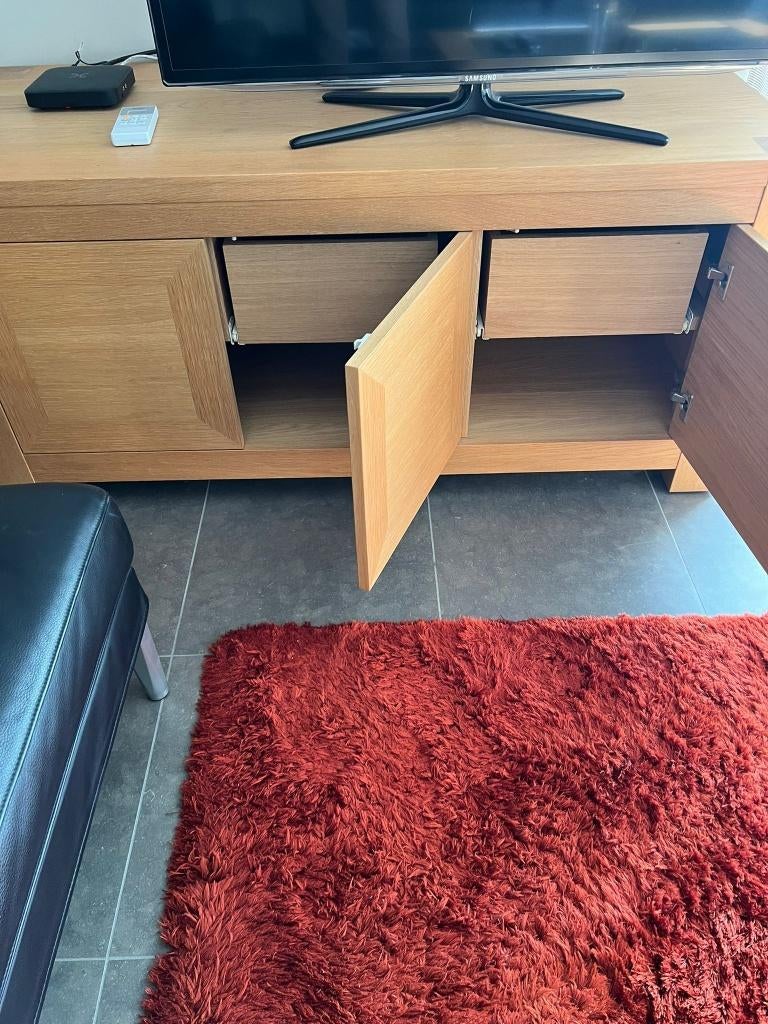 handgemaakte blank eikenhouten tvkast, Ophalen, Gebruikt, Tv meubel handgemaakt blank eiken, 150 tot 200 cm