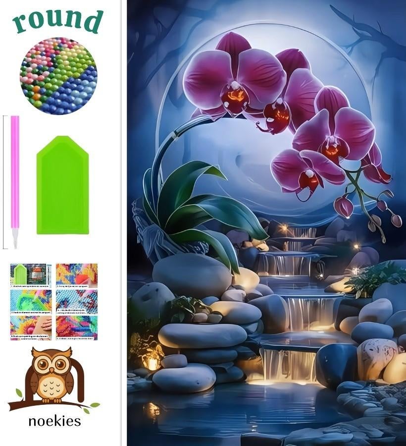 No 124 Diamond Painting, cascade d'orchidées, 50x40cm (ronde, Neuf, Bleu, Autocollant, Diamond painting