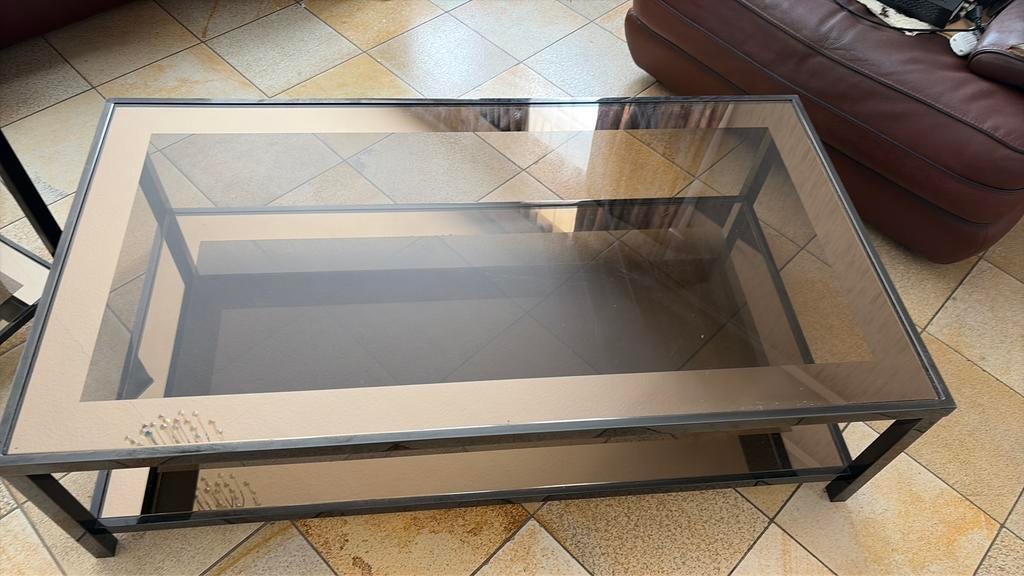 Lot de 2 tables basses gigognes en verre fumé et métal noir, Maison & Meubles, Tables | Tables de salon, Enlèvement, Utilisé, Verre