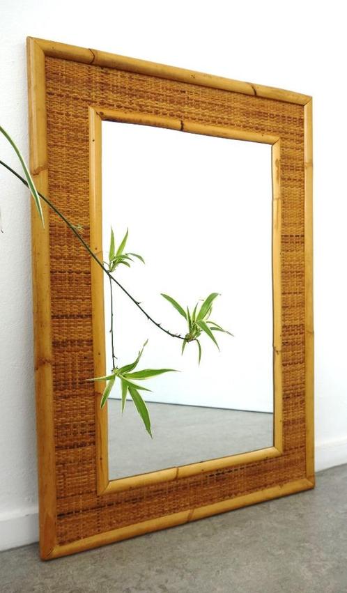 Vintage Dal Vera XL rotan spiegel bamboe wandspiegel 70s, Huis en Inrichting, Woonaccessoires | Spiegels, Gebruikt, Rechthoekig