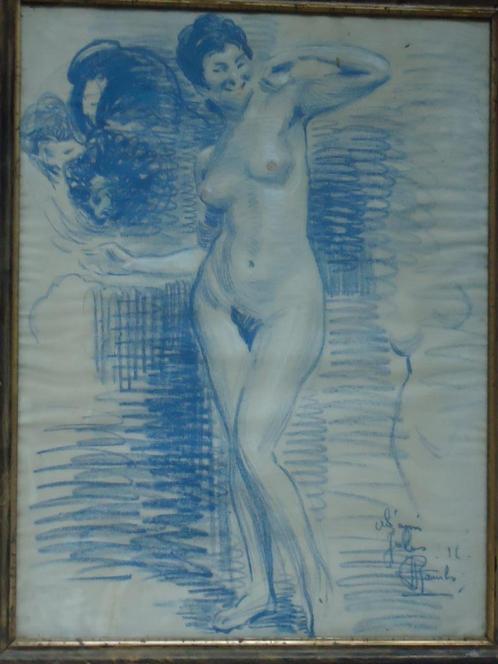 JULES RAMBO 1916 nue debout bleu aniline pastel dédicacé, Antiquités & Art, Art | Peinture | Moderne, Enlèvement