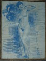 JULES RAMBO 1916 staand naakt pastel aniline blauw dédicacé, Ophalen