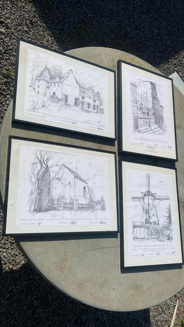 Set van 4 tekeningen in mooie kader, Antiek en Kunst, Kunst | Tekeningen en Fotografie, Ophalen