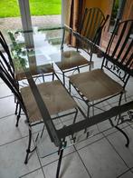 Tafel van glas en smeedijzer + 4 smeedijzeren stoelen, Huis en Inrichting, Ophalen, 50 tot 100 cm, Glas, 150 tot 200 cm
