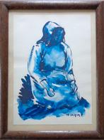 DE COCKER / ZITTENDE VROUW / ORIGINEEL / 37x28cm / KADER SIG, Antiquités & Art, Enlèvement ou Envoi