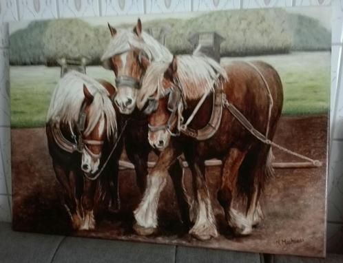 EIGEN OLIEVERFSCHILDERIJ  DRIE BRABANTSE TREKPAARDEN, Antiek en Kunst, Kunst | Schilderijen | Klassiek, Ophalen