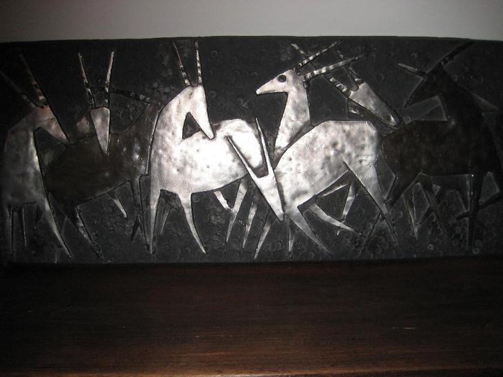 Uniek stenen wandpaneel - Reeën in kudde, Antiek en Kunst, Kunst | Beelden en Houtsnijwerken, Ophalen