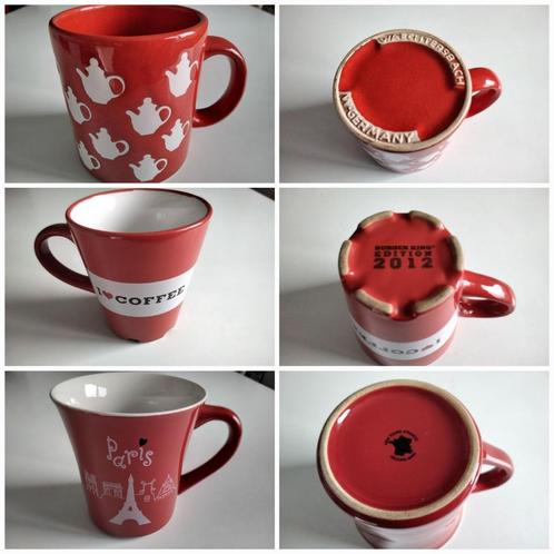 3 grote vintage rood-wit geëmailleerde keramische mokken., Antiek en Kunst, Antiek | Keramiek en Aardewerk, Ophalen of Verzenden