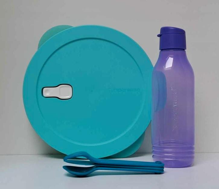 Tupperware™ « Crystalwave » Assiette + Bouteille + Couverts, Maison & Meubles, Cuisine| Tupperware, Neuf, Boîte, Bleu, Violet