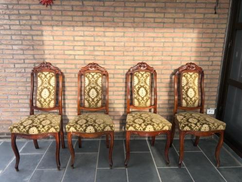 vier stoelen met groen gele stoffering, Maison & Meubles, Chaises, Utilisé, Quatre, Bois, Tissus, Autres couleurs, Enlèvement