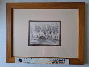 Tekening Jos Mous "Landschap met hoge bomen, paard en kar" beschikbaar voor biedingen