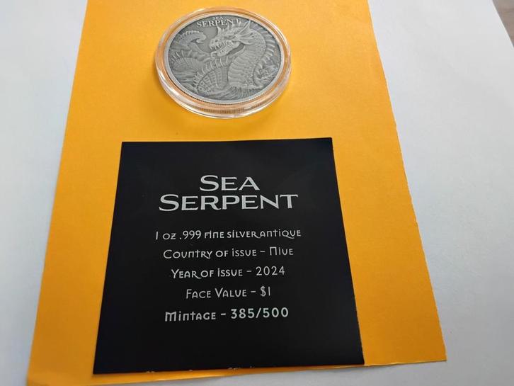 SEA SERPENT 2024 ANTIQUE FINISH 1 OUNCE ZILVER UNIEKE MUNT, Postzegels en Munten, Edelmetalen en Baren, Zilver, Ophalen