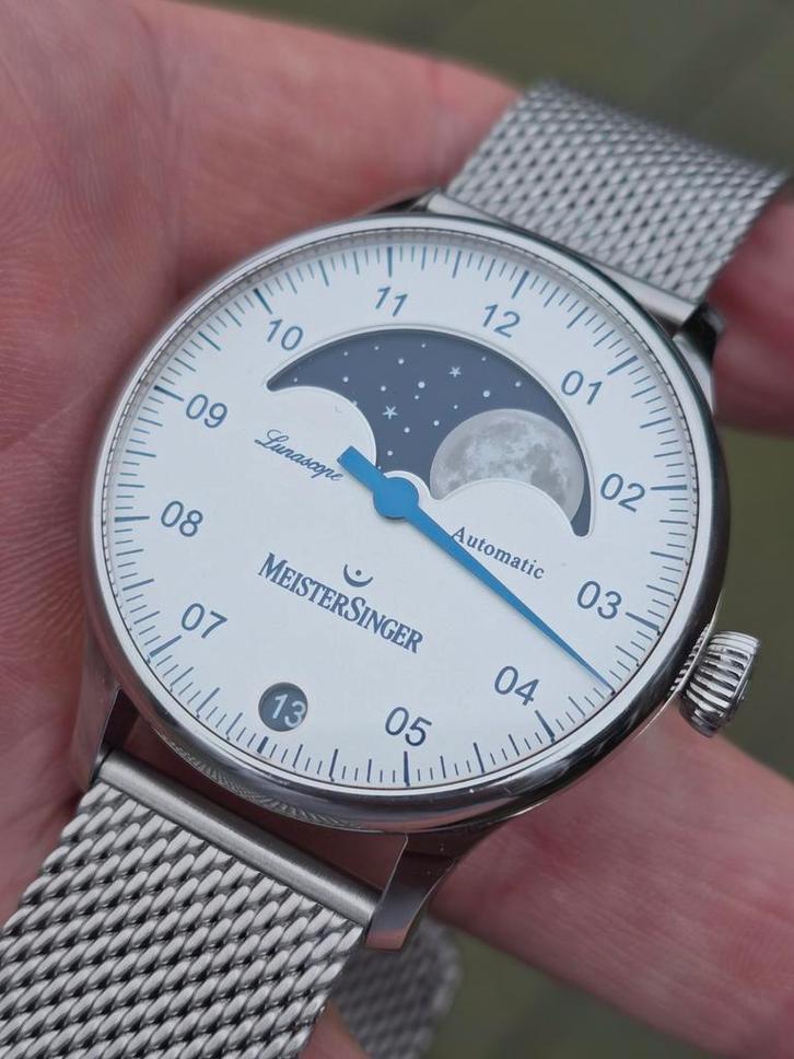 Meistersinger lunascope ( nieuwstaat), Bijoux, Sacs & Beauté, Montres | Hommes, Breitling, Acier, Acier, Enlèvement ou Envoi