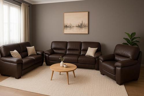 Salon / Canapé / Fauteuil cuir italien marron – 3 pièces, Huis en Inrichting, Zetels | Complete zithoeken, Zo goed als nieuw, Ophalen