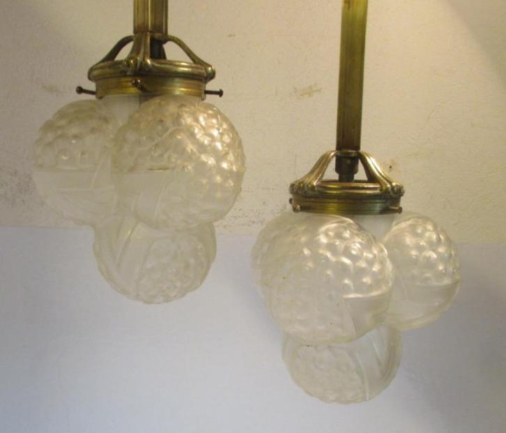 art deco hanglampen Hettier Vincent brons en geperst glas, Antiek en Kunst, Antiek | Verlichting, Ophalen