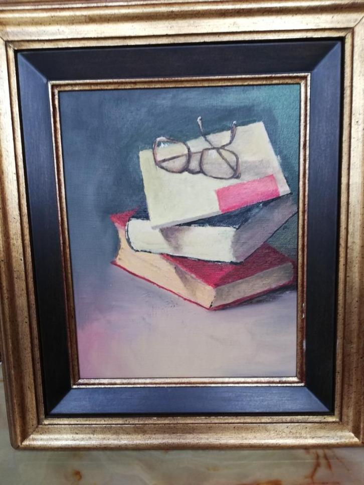 * A. Leroy: stilleven: Boeken en Bril, Antiek en Kunst, Kunst | Schilderijen | Klassiek, Ophalen of Verzenden