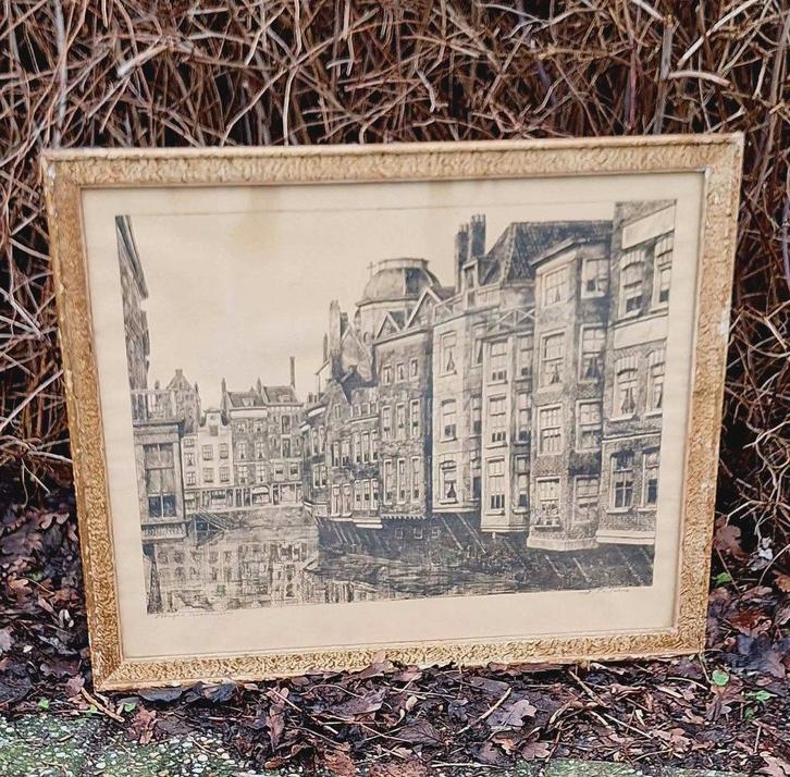 Ets van Rotterdamse gracht 'Het Steigers' van J.T.N. Schep., Antiek en Kunst, Kunst | Etsen en Gravures, Ophalen