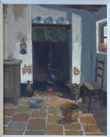 ONLEESBAAR / INTERIEURZICHT / OLIEVERF DOEK / 66x56cm KADER beschikbaar voor biedingen