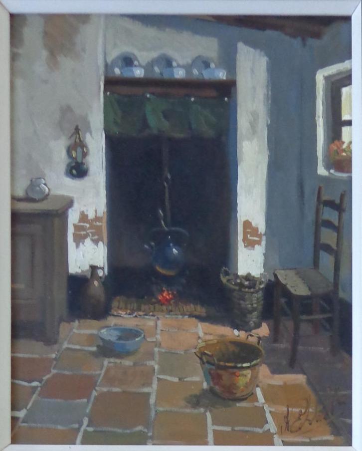 ONLEESBAAR / INTERIEURZICHT / OLIEVERF DOEK / 66x56cm KADER, Antiek en Kunst, Kunst | Schilderijen | Klassiek, Ophalen of Verzenden