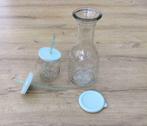 Glazen karaf met bijhorend glas (met 2 dekseltjes en rietje), Glas, Gebruikt, Ophalen of Verzenden
