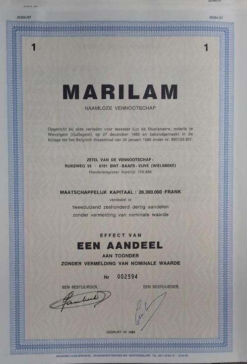 NV MARILAM - Sint-Baafs-Vijve (Wielsbeke) - 1986 -, Postzegels en Munten, Aandelen en Waardepapieren, Aandeel, 1970 tot heden