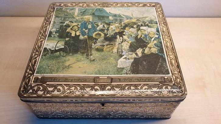 Vintage, retro blikken doos, "Fete Bretonne" E.B. Hirschfeld, Verzamelen, Blikken, Ophalen