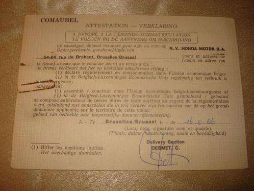 Ancienne Attestation pour Cyclomoteur Honda 49 CC CB50 1966, Motoren, Handleidingen en Instructieboekjes, Honda, Ophalen of Verzenden