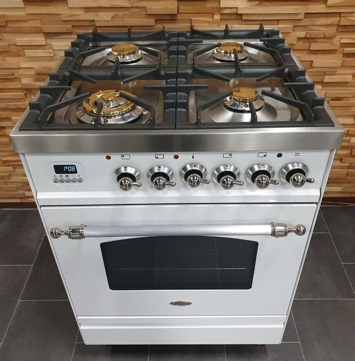 🔥Luxe Boretti Fornuis 60cm hoogglans wit & rvs 4 pits, Elektronische apparatuur, Fornuizen, Zo goed als nieuw, Vrijstaand, Gas