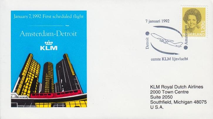 1992 - NEDERLAND - Cover Eerste Vlucht KLM + Y&T 1265, Postzegels en Munten, Postzegels | Nederland, Gestempeld, Na 1940, Verzenden